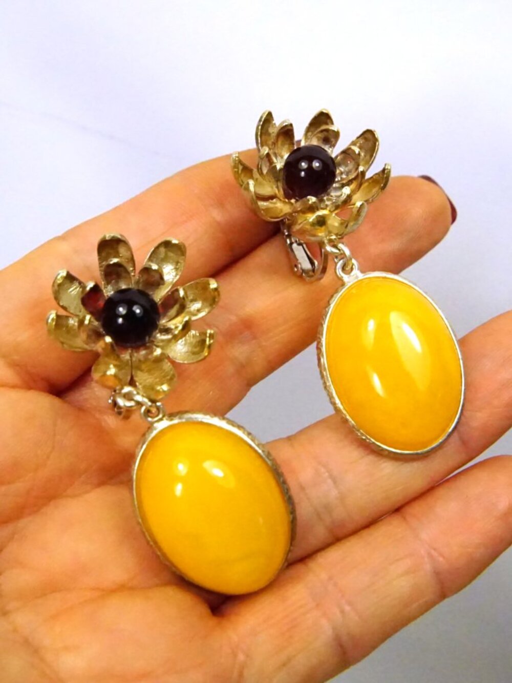 Butterscotch Amber Chrysanthemum Dangle Earrings, 925 sterling Silver, Rare Gift